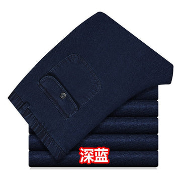 Thin Men Jeans Elastic Waist Deep Middle-aged Men's Jeans Pants Loose Denim Pants High Waist Elastic Fabric Spring and Summer